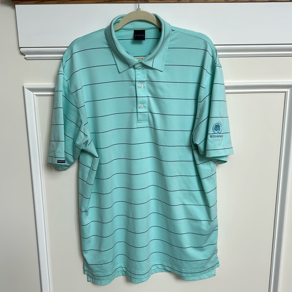 Dunning Golf Striped golf shirt L Green & gray w/ Logo on the sleeve